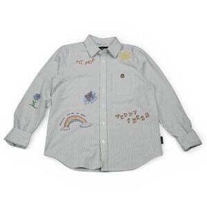 Teddy Fresh Doodle Embroidered Pinstripe Button Down Shirt Gray White XS
